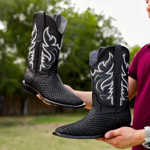 Black Basketweave Leather Boots - Square Toe