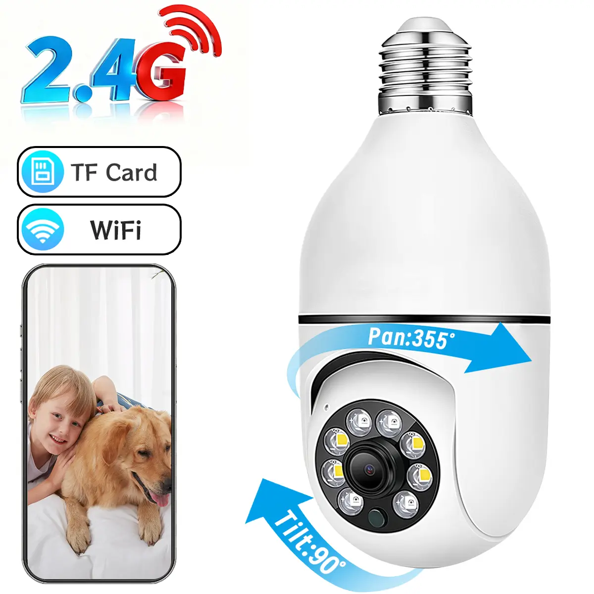 Smart E27 Light Bulb Camera, WiFi Surveillance Camera, Home Monitoring Camera, Security Cameras, 2.4G WiFi, Phone App Remote Control, IR Night Vision, Motion Detection, Two-Way Audio, Cloud & TF Storage, Home Pet Monitor