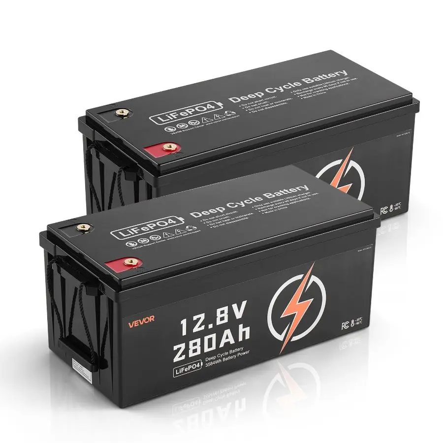VEVOR 2 Pcs 12V 280Ah LiFePO4 Rechargeable Batteries, BMS Protected Deep Cycle Batteries with 15000 Cycles, Low Temp Protection, 10 Years Lifetime, for Solar Powered Off-Grid Home Energy Storage, Off-Grid Power