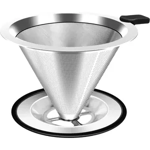 Pour Over Coffee Dripper, Stainless Steel Coffee Filter, Paperless Reusable Coffee Filter, Double Micromesh 600 Mesh Strainer Coffee Maker with Heat-Resistant Silicone Handle & Base