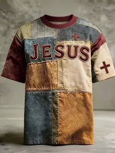 A stylish, gender-neutral streetwear-inspired American retro patchwork short-sleeved T-shirt, Top, with vibrant colors, comfortable to wear. Features cross of Jesus, round-neck, perfect for everyday wear