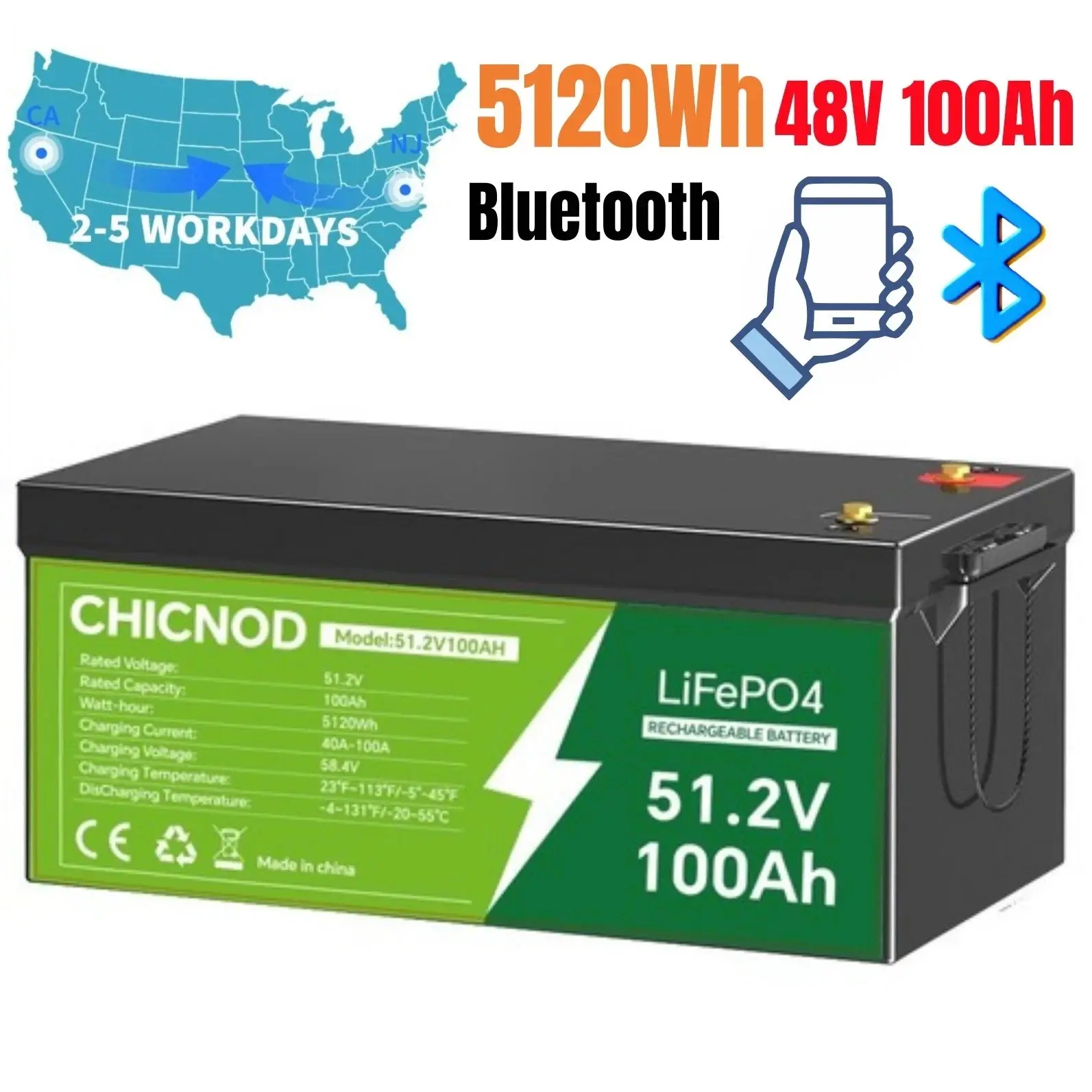 CHICNOD 48V 100Ah Bluetooth LiFePO4 LFP Battery, Built-in 100A BMS, 15000+ Deep Cycle Large Capacity Battery Backup Power Supply for Lifepo4 Power Supplies, Smart Extra Battery