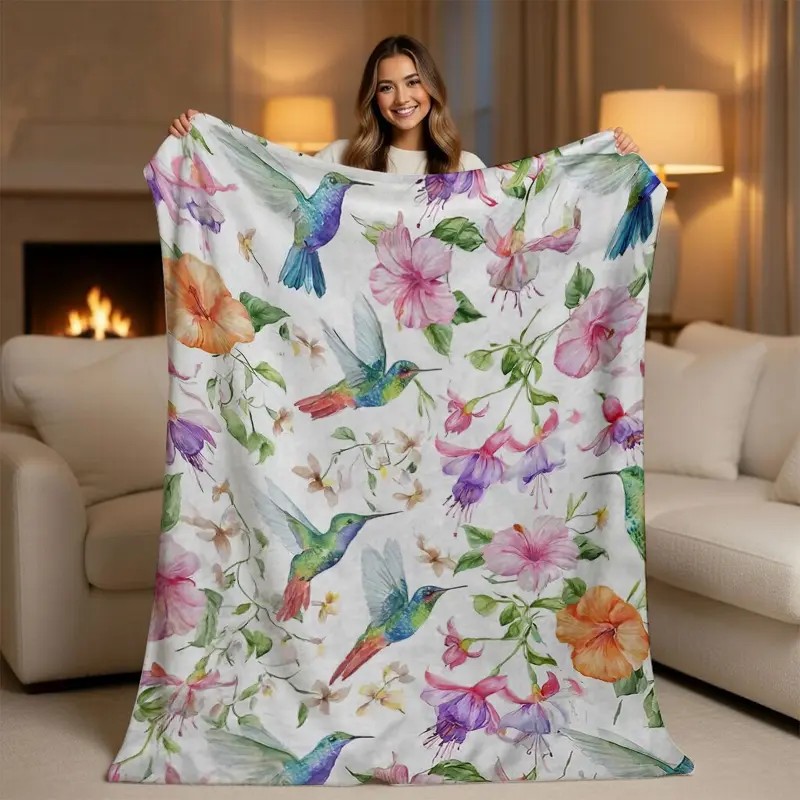 Vibrant Hummingbird Floral Blanket  Watercolor Hibiscus Flower Throw - Aesthetic Naturecore Room Decor - Ultra Soft Plush Fleece - Perfect Gift for Gardeners & Bird Lovers, Flower Blankets, Bird Motif Blankets
