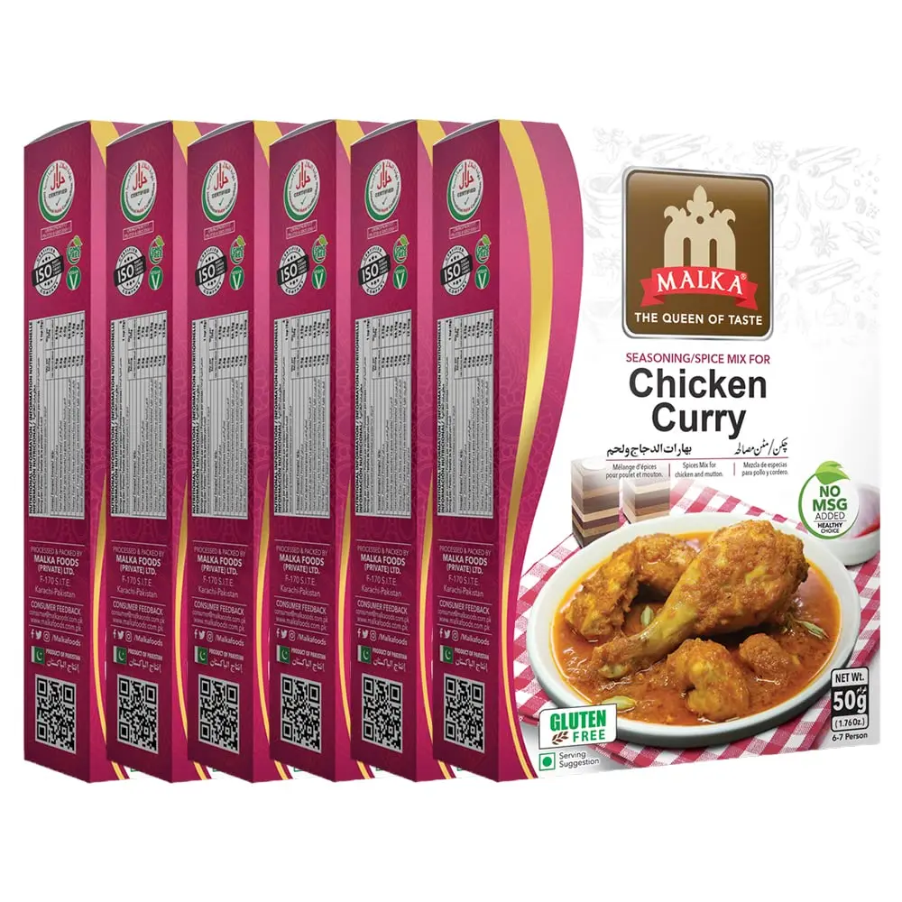 Malka Chicken Curry Recipe Mix 50g | 1.76 oz | Authentic Gourmet Spice Powder for Chicken & Mutton | No MSG Added, Vegan, Non-GMO, Gluten Free & Halal | Pack of 6