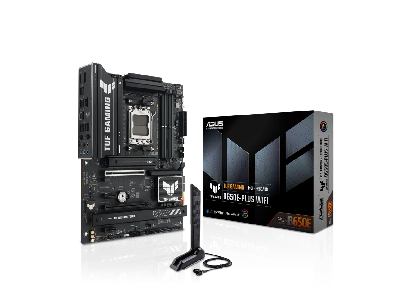 ASUS TUF GAMING B650E-PLUS WIFI AMD B650 ATX motherboard, 12+2+1 80A DrMOS power stages, DDR5, PCIe 5.0 Ready, 3x M.2, Wi-Fi 6E, 2.5Gb LAN, DisplayPort, HDMI, USB Type-C, BIOS FlashBack, Aura Sync