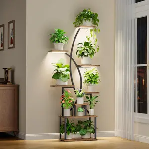 Artistic Plant Stand with Adjustable Grow Light,Baking Paint Waterproof Metal Flower Rack Organizer,Standing Storage Display Shelf, Wall Installation for Decoration