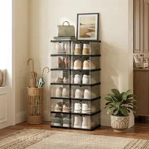 Stackable Drop Front Shoe Storage Bins 6-Tier Clear Door Organizer Shelf Free Standing Rack Cabinet with Lid for Entryway