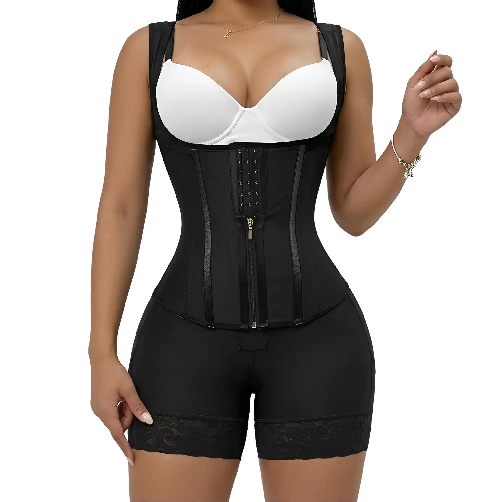 Women's Sleeveless Solid Color Nylon Blend Faja Body Shaper Corset Bodysuit - Adjustable Straps, Tummy Control, Flattering Fit, Zip Closure, Hand-Wash Underwear, Daily Wear, Wedding Dress Waist Girdle