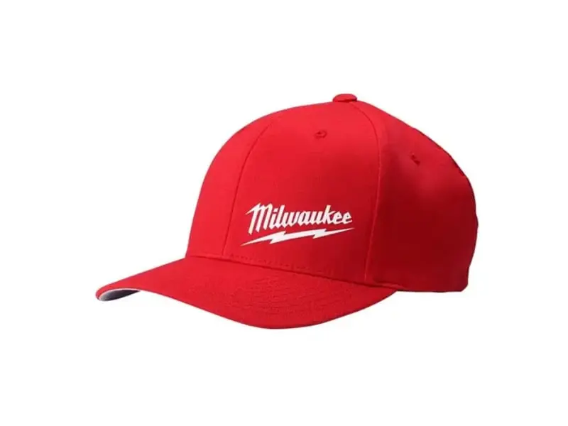 Milwaukee Flex Fit Hat, Red Cotton Blend with Adjustable Band and Curved Brim, for Jobsite Wear, Small/Medium