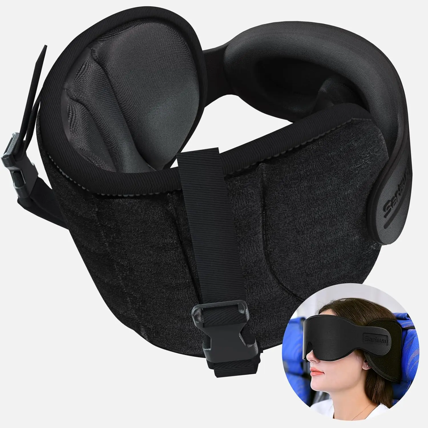 Travel Pillows for Airplanes, Airplane Pillow for Long Flight, Airplane  Strap with Eye Mask for Sleep, Travel  Pillow for  Road Trip, 360? Support Headrest, Stop Bobblehead, Black
