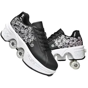 UonrvaoN Roller Skate Shoes,Rollerblades,Inlineskates,4Wheel Retractable Rollerskates,2-in-1 Roller ShoesOutdoor Sneakers With Wheels,Black flowers