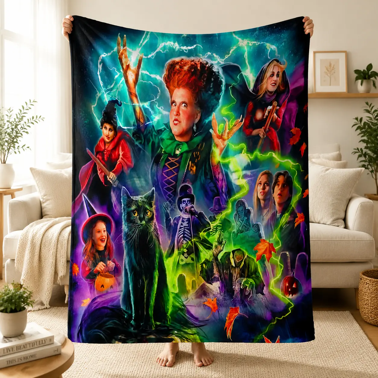 Gothic Halloween Magical Witch Black Cat Graphic Blanket, Scary Cemetery Pumpkin Lightning Design Soft Fluffy Blanket for Party & Daily Use