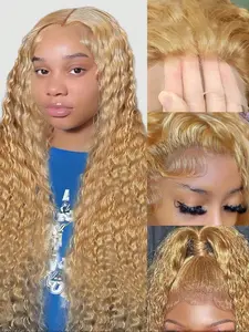Honey Blonde Deep Wave Human Hair Wig - 13x4 HD Lace Front With Pre-Plucked Baby Hair, 180% Density, #27 Blonde Color, Natural Look For Women, Blonde Lace Front Wig, Curly Hair Wigs, Fashion Accessory, Beauty Enhancement