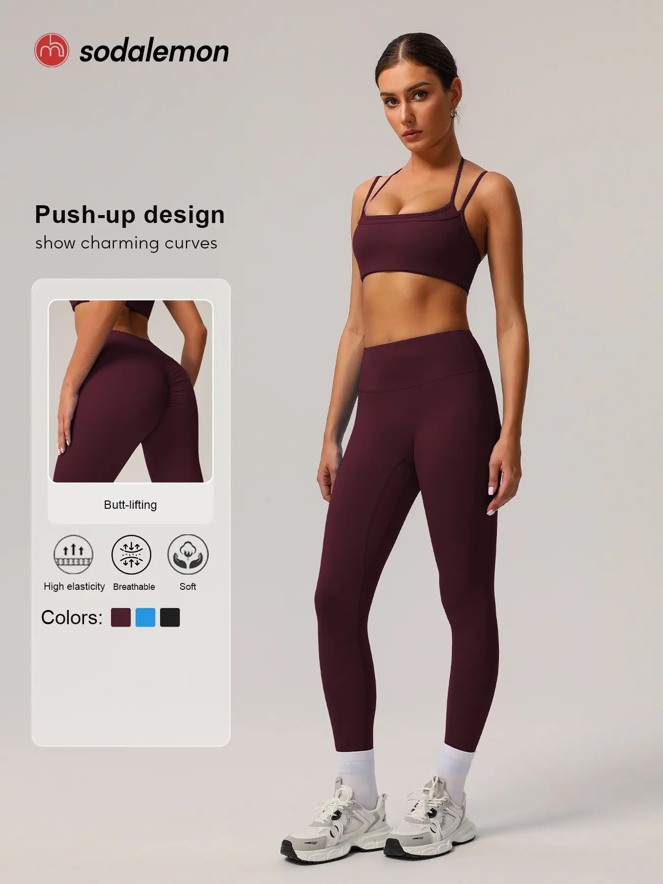Sodalemon 2-Piece Set Women's Faux Two-piece Racerback Sports Bra & High-waisted Tummy-control Yoga Peachy Hips Leggings Sportswear Set Exercise Clothing Set