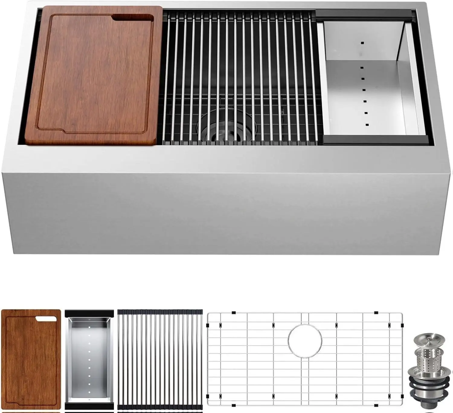 33 Inch Farmhouse Sink ,Apron Front with Accessories,multiple accessory utility sink Stainless Steel Undermount Workstation Sink cool  sinks scratch resistant kohler dro Wood Cutting Board, bar sinks, kitchen island