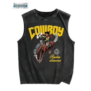 Western  Model! Sleeveless T-Shirt Cowboy Riding Pattern, "Rodeo Dreams" Text, Washed With Old Water, Made Of Pure Cotton Material, Creating A Sense Of Western Cowboy !