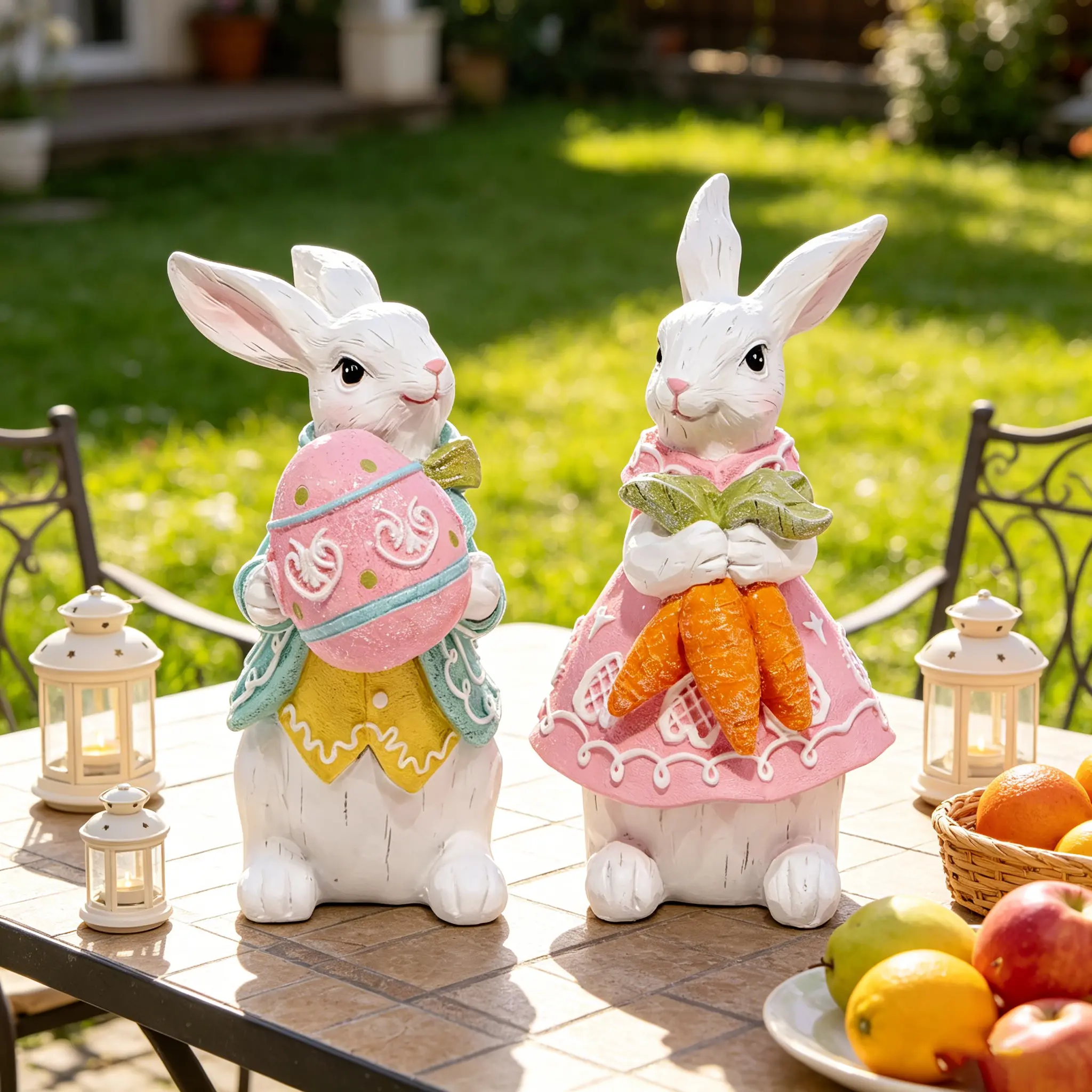 Farmhouse 2-Piece Resin Easter Bunny Couple Figurines - Glitter Ornaments, Tiered Tray Accent, Spring Home Decor, Room Accessories Gift cute desktop collectible figure office display trendy single july art artificial statue craft unique desk desk decor