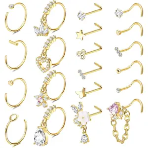 Besteel 20 PCS 20G Dangle Nose Rings for Women Butterfly Heart Moon Flower Cross CZ Dangle Nose Ring Hoops Cartilage Earring Dangling Nose Piercing Jewelry Charms