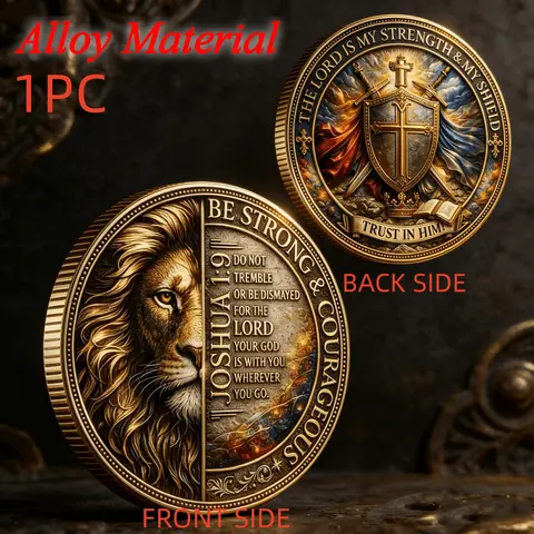 1PC Inspirational Lion Memorial Coin Faith Theme Commemorative Medal Alloy 3D Relief Courage Strength Shield Design Decorative Collection Gift for Easter Family Blessing Birthday Christmas Thanksgiving Home Office Shelf Display Holiday Gathering Commemora