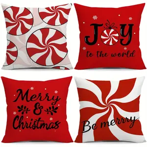 Festive Candy Cane Christmas Throw Pillow Covers, Red & White Spiral Design with "Merry Christmas" Text, Holiday Home Decor, Living Room, Sofa, Christmas Decorations, Single Sided Printing, No Core, Cushion Slipcovers, Home Decorative Cushion