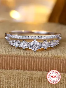 S925 Sterling Silver Elegant Double Row Ring, Fashion Promise Ring, Wedding Engagement Ring for Women & Girls, Trendy All-match & Exquisite Jewelry for Birthday Gift, with Box