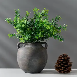 5.8 Inch Waterproof Ceramic Rustic Vase with Terracotta Handles - Rabbit & Cherry Themed Home Decor Centerpiece, Vintage Flower/Plant Holder, Gift for Living Room Table, Thanksgiving (Black Bronze)