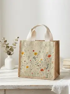 Floral Pattern Handbag Portable Lunch Bag Tote, Cute Bento Bag, Women's Casual Shoulder Bag, Large Capacity Camping Student Picnic Food Drink Bag