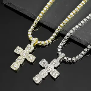 Iced Out Cross Necklace with 4mm Tennis Chain for Men Women, Bling Rhinestone Pendant Necklace, Hip Hop Streetwear Jewelry, Aesthetic Sparkling Chain for Party, Outfit, Gift