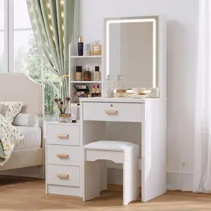 Cream-White Small Home-Style Makeup Vanity Set with LED Smart Lamp Mirror, Multi-Layer Side Storage Shelves, 3 Drawers, and Soft-Backed Chair