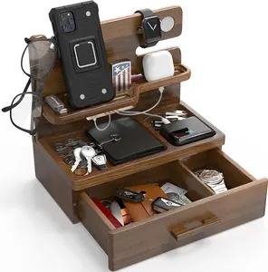 Gifts for Men Dad Birthday Ideas Wood Docking Station with Drawer Phone Nightstand Organizer Table Charging Dock Watch Charging Stand Wallet Gadget Device Bedside Holder Bedroom Desk Accessories