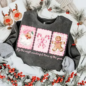 Preppy Christmas Sweatshirt, Retro It's the most wonderful time of the year Sweater, Coquette Frame Pink Bow Hoodie, candy cane Gingerbread Hoodie
