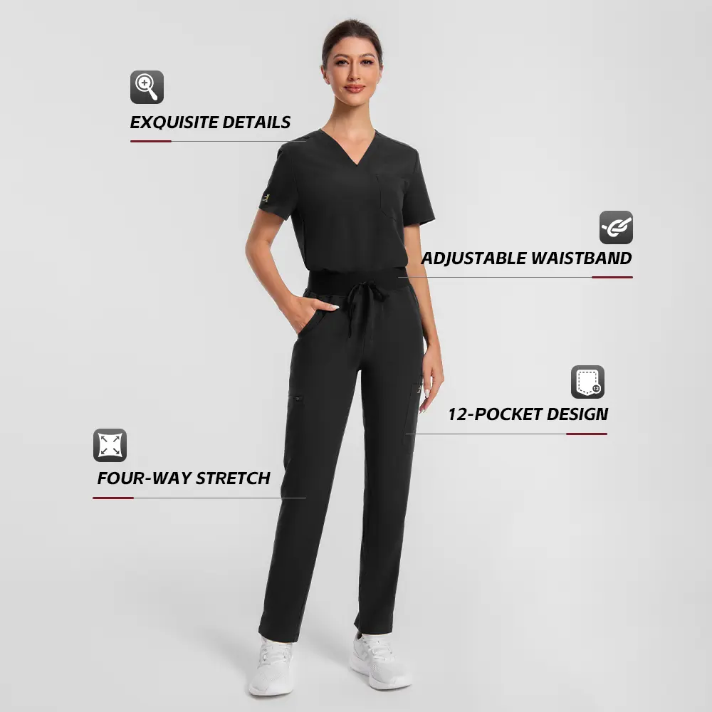 KUNGFU Scrubs Women Black Essential Scrub Set Top & Pants 4-way stretch Antimicrobial water proof 12 pockets Womenswear Clothes