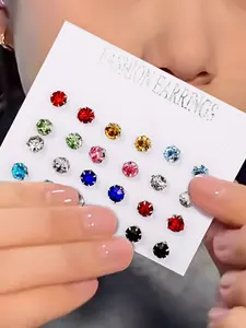 24pcs Sparkling Multicolor Glass Elegant Rhinestone Stud Earrings Set - Fashion Jewelry, Stainless Steel Posts, Assorted Colors, Ideal for Vacation, Parties & Daily Wear, Novelty Earrings for Women