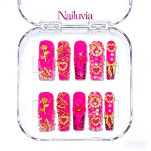 (D090) Hot Pink Luxury  Mid-Square (1.3 inch) 10pcs Bangle Nails Y2K sweet cool luxury style handmade acrylic press on nails, 1.3 inch medium square shape, with a smooth, glossy finish for a comfortable fit,Valentine's Day, Reusable and durable