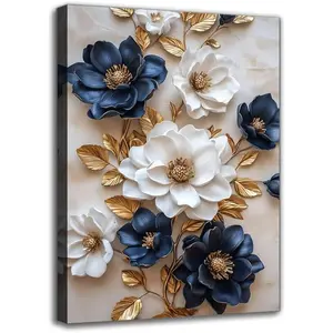 White & Navy Blue Floral with Golden Leaves Canvas Wall Art Print - Framed Elegant Aesthetic Art Painting For Living Room Wall Hanging For Bedroom Bathroom Room Decor for Spring/Summer (8W" X 12L")