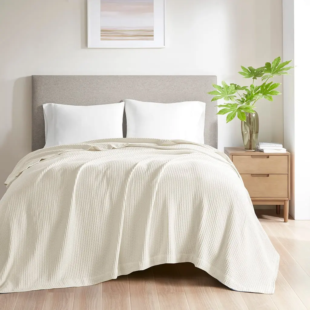Beautyrest Twin Size Breathable Cotton Waffle Tight Weave Blanket - Chemical Free, Year-Round Use, 66x90x0.25 in, Ivory, for Twin Beds, Breathable Cotton Blankets, Chemical Free Blankets