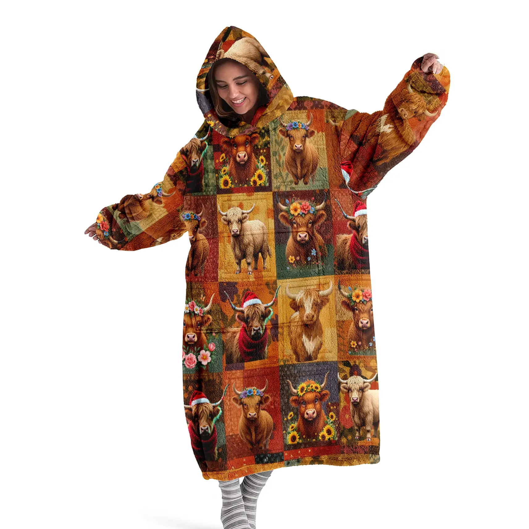 hoodie blanket，Wearable Blanket，Women's Hooded Blanket Sweatshirt, Wearable Blanket Robe, Fashion Sleepwear, Highland Cow Print Thick Home Clothes, Christmas Gift，Christmas Gift,Valentine's Day gift, Soft Cozy Blanket