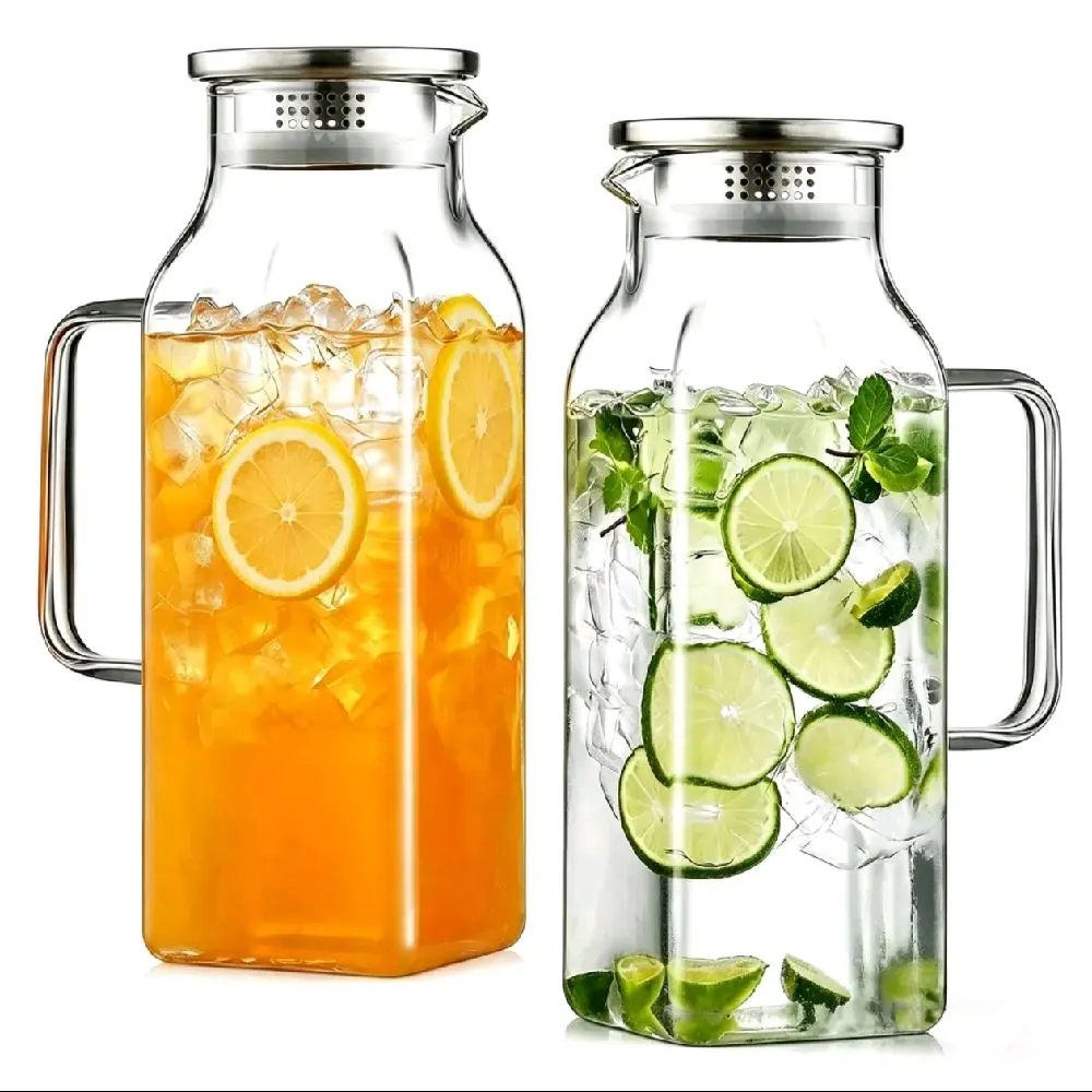 2-Pack 2L/68oz Lightweight Square Borosilicate Glass Pitchers with Lids & Handles, Classic Stripes Infuser Carafes for Fridge Hot/Cold Drinks, Large Jugs for Iced Tea Serving