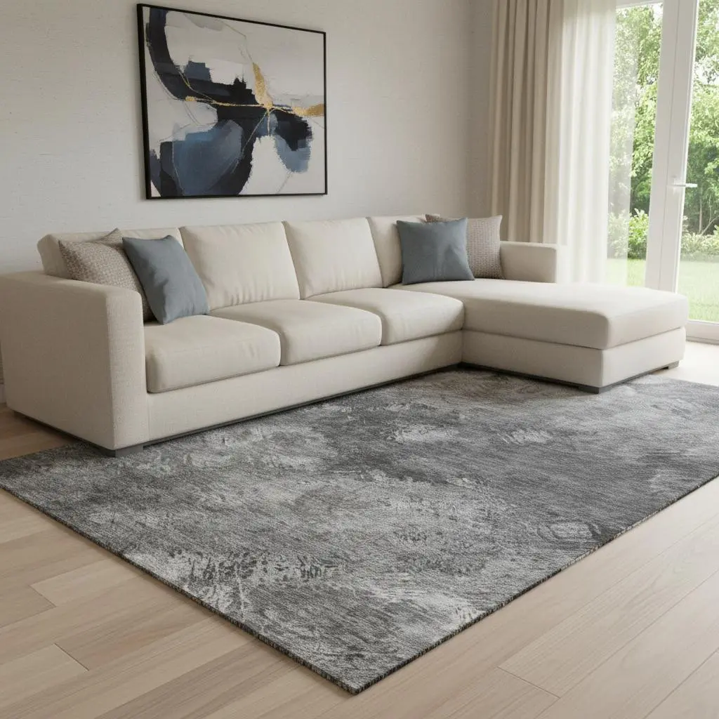 HomeRoots 650518 10 x 14 ft. Gray Silver & Black Abstract Transitional Washable Machine Made Rectangle Area Rug with UV Protection