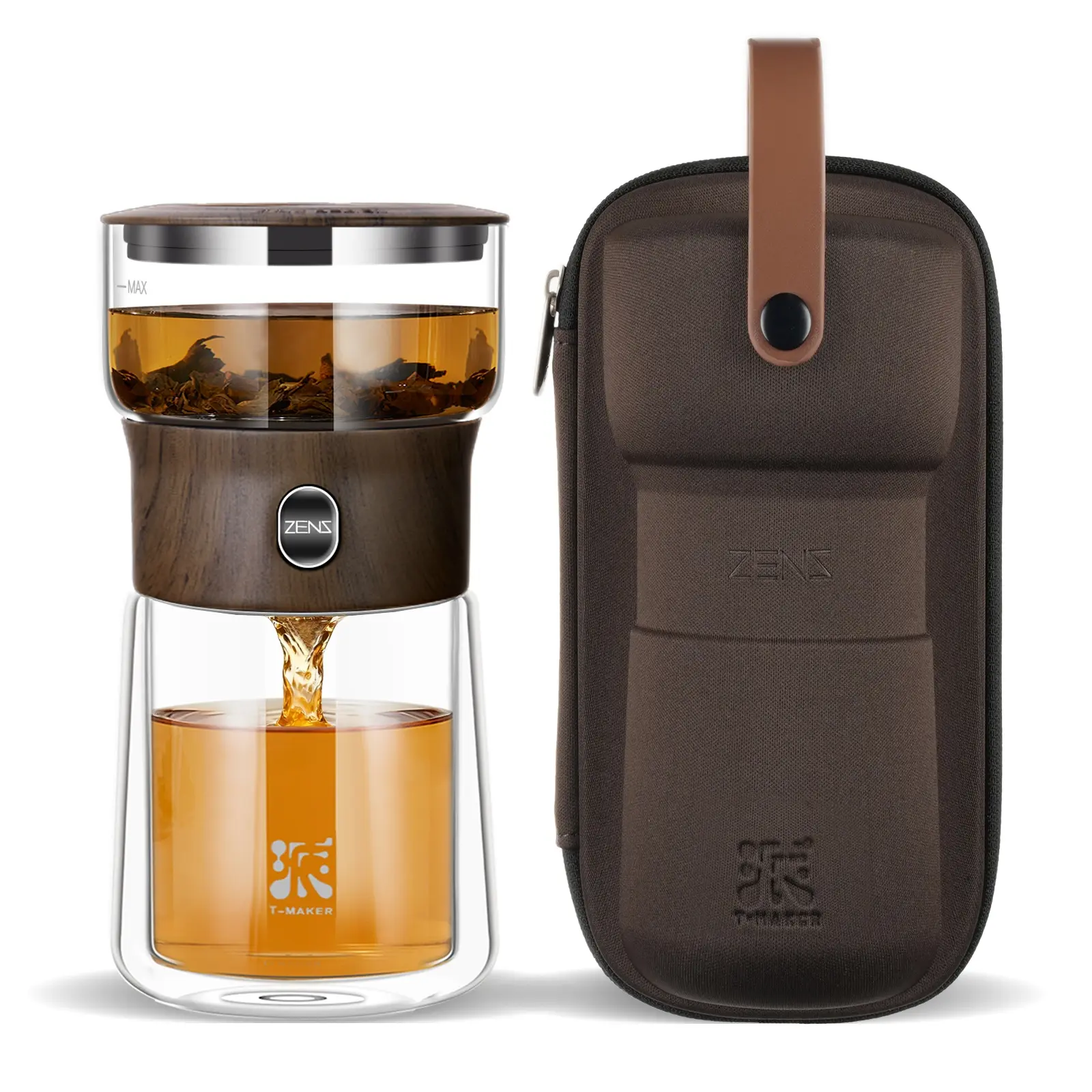 ZENS 1-Touch Glass Teapot Set - Modern Borosilicate Glass Teapot with Infuser, Loose Leaf Tea Pot, Double-Walled Mug, Travel Case for Easy Brewing, Ideal Gift for Tea Lovers