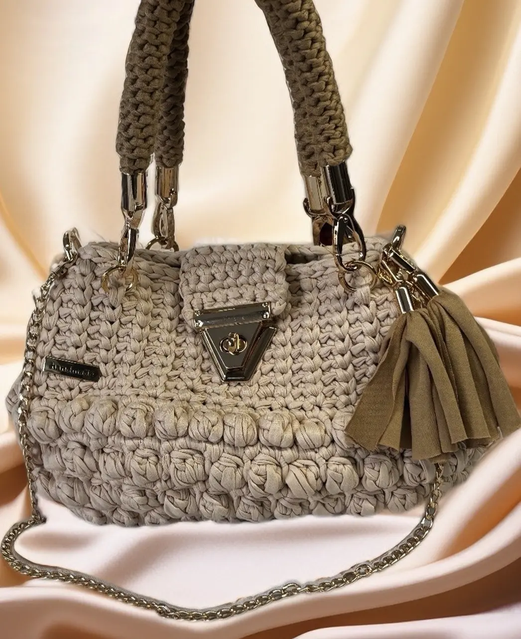 Handmade Crochet Shoulder Bag for Women, Beige, Elegant & Lightweight, Gold Chain, Made to Order