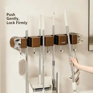 Wall-Mounted Suction Broom Holder, Adjustable Mop and Broom Stand, Super Non-Slip, Heavy-Duty Tool Storage Bag, 4 Shelves with 5 Hooks, Wall Organizer, Adjustable Hook System, Broom Hanger Wall Mount