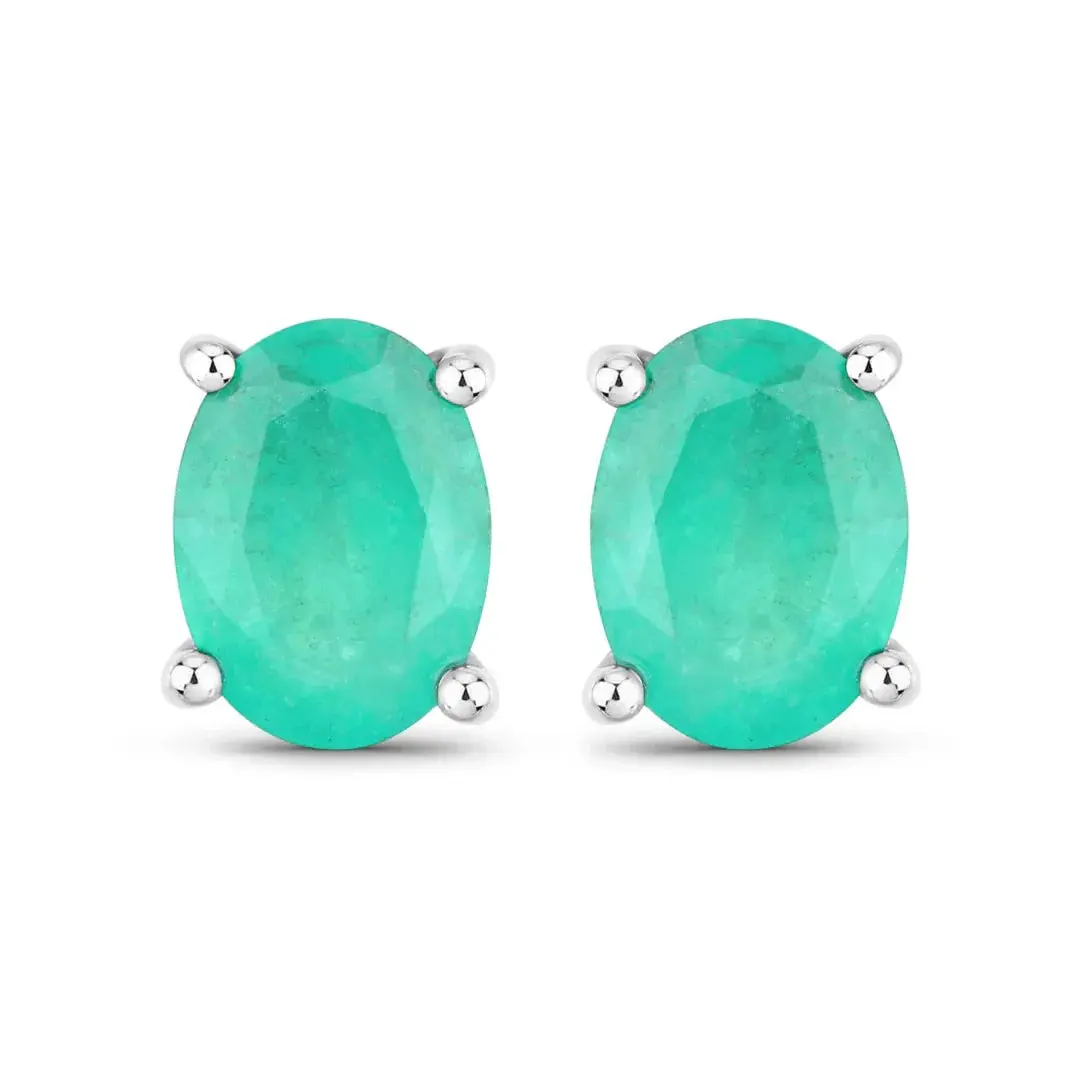 1.44 Ct Oval Green Zambian Emerald Prong 10K Gold Stud Earrings