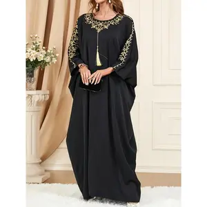 Plus Size - Plus Size - Elegant Plus Size Black Abaya with Golden Embroidery - Long Sleeve, Floor-Length Traditional Middle Eastern Dress for Women, All-Season Wear, Non-Stretch Fabric, Perfect for Casual or Formal Occasions, Formal Attire| Elegant Abaya|