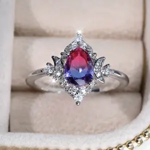 New Gradient White K Rose Blue Water Drop Tourmaline Crown Ring Personality Fashion