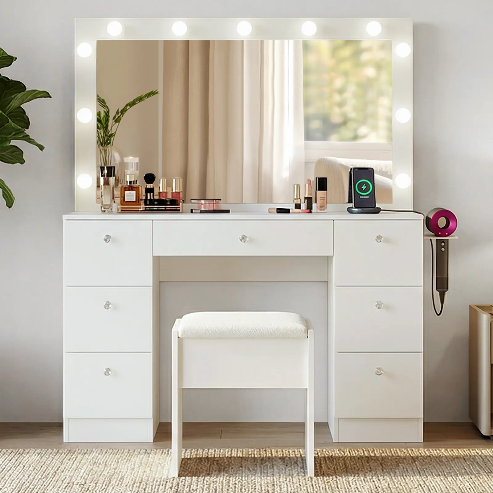 SweetGO 46" LED Lighted Makeup Vanity Desk, 7 Smooth-Glide Drawers, USB & AC Charging Station, Adjustable 3 Light Modes, Cushioned Stool Included, White