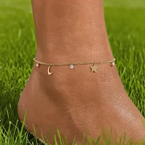 Fashionable and Minimalist Star Moon Women's Ankle Chain Inlaid with Synthetic Zircon Shines Brightly, Made of Stainless Steel Material, Suitable for Women's Jewelry on Beach Vacations