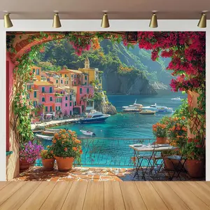 1pc Polyester 2D Flat Italian Coastal Landscape Wall Banner - Reusable Backdrop Picture, Lightweight Easy-Hang Italian Village Panel, Mediterranean Seaside Party Decoration Supplies, No-Electricity Home Decor