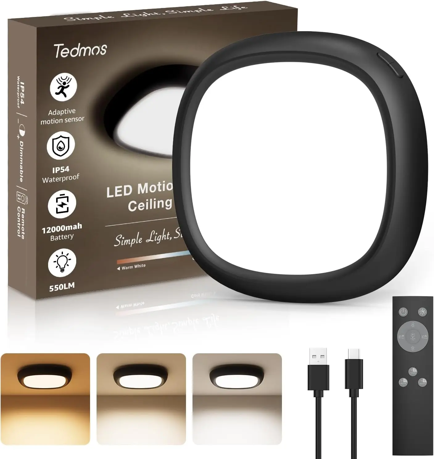 Motion Sensor Rechargeable Ceiling Light with Remote, 12000mAh Wireless Shower Lights for Inside Shower Bathroom, Battery Operated Powered Black Closet Light Sensored LED Overhead Lighting No Wiring for Hallway Kitchen Garage