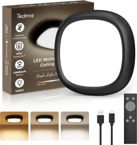 Motion Sensor Rechargeable Ceiling Light with Remote, 12000mAh Wireless Shower Lights for Inside Shower Bathroom, Battery Operated Powered Black Closet Light Sensored LED Overhead Lighting No Wiring for Hallway Kitchen Garage